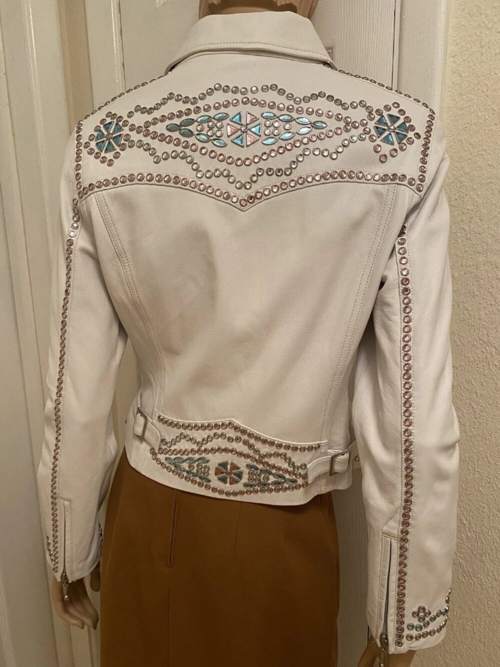 CRIPPLE CREEK Off White Leather Rhinestones Embellished Blingy Jacket S Small - Picture 13 of 16